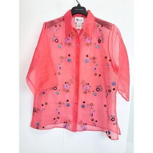 Maggie Sweet Sheer Organza Floral Blouse Button-up Shirt Women's 2X‎ Embroidered